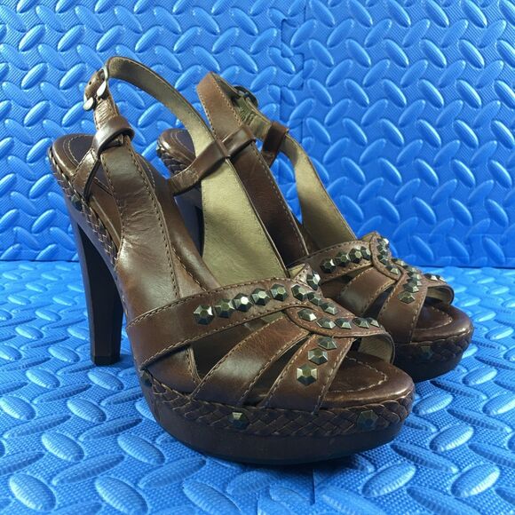 FRYE Women's Shoes Brown Leather Studded Platform High Heel Sandals Size 8 - Picture 2 of 14